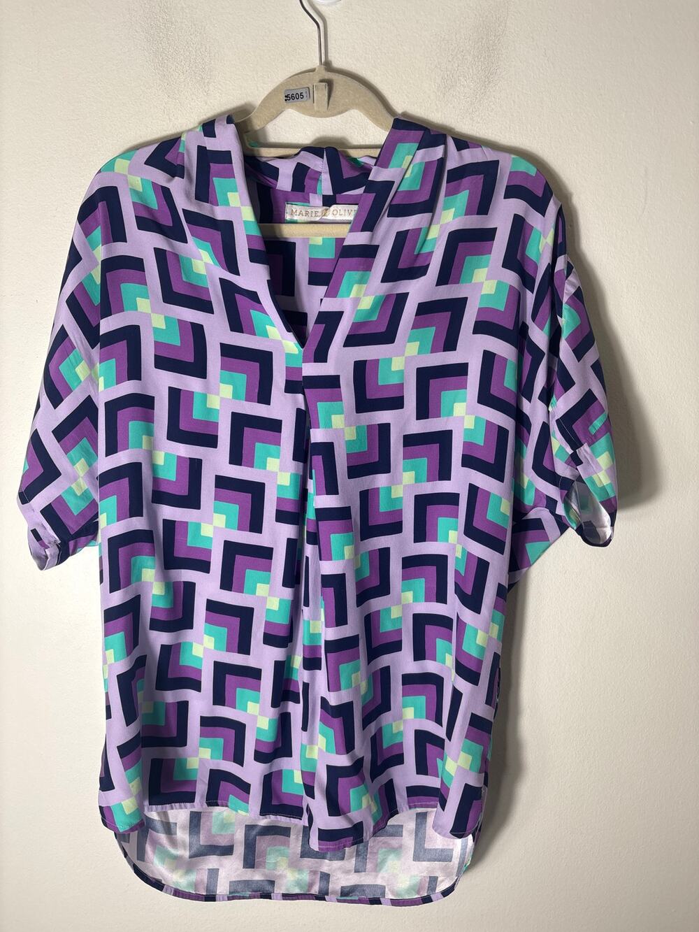Marie Oliver Purple Geo Print Short Sleeve V Neck Tunic Sz M